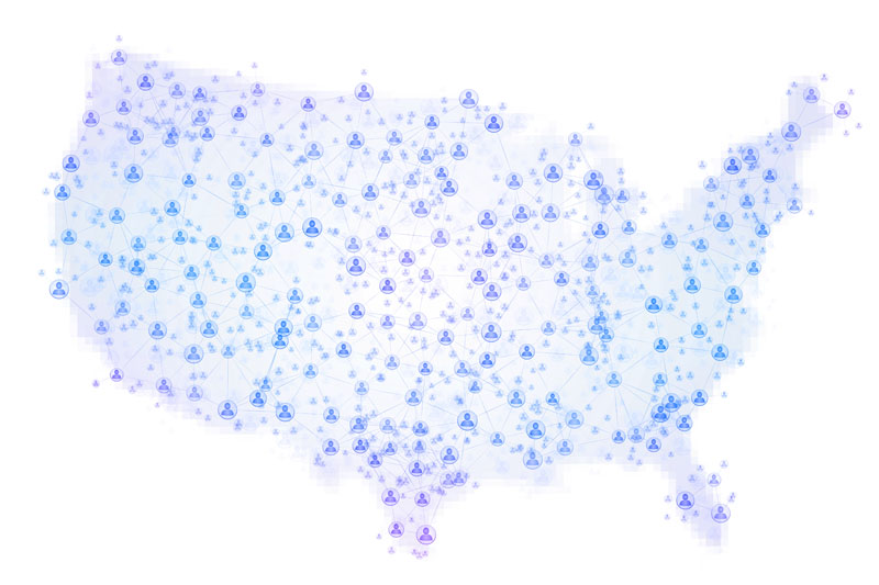 Abstract map of the United States of America covered by a social network composed of blue people symbols connected together at various sizes and depths on a white background with pixelated borders. Futuristic north american computer and social network background.